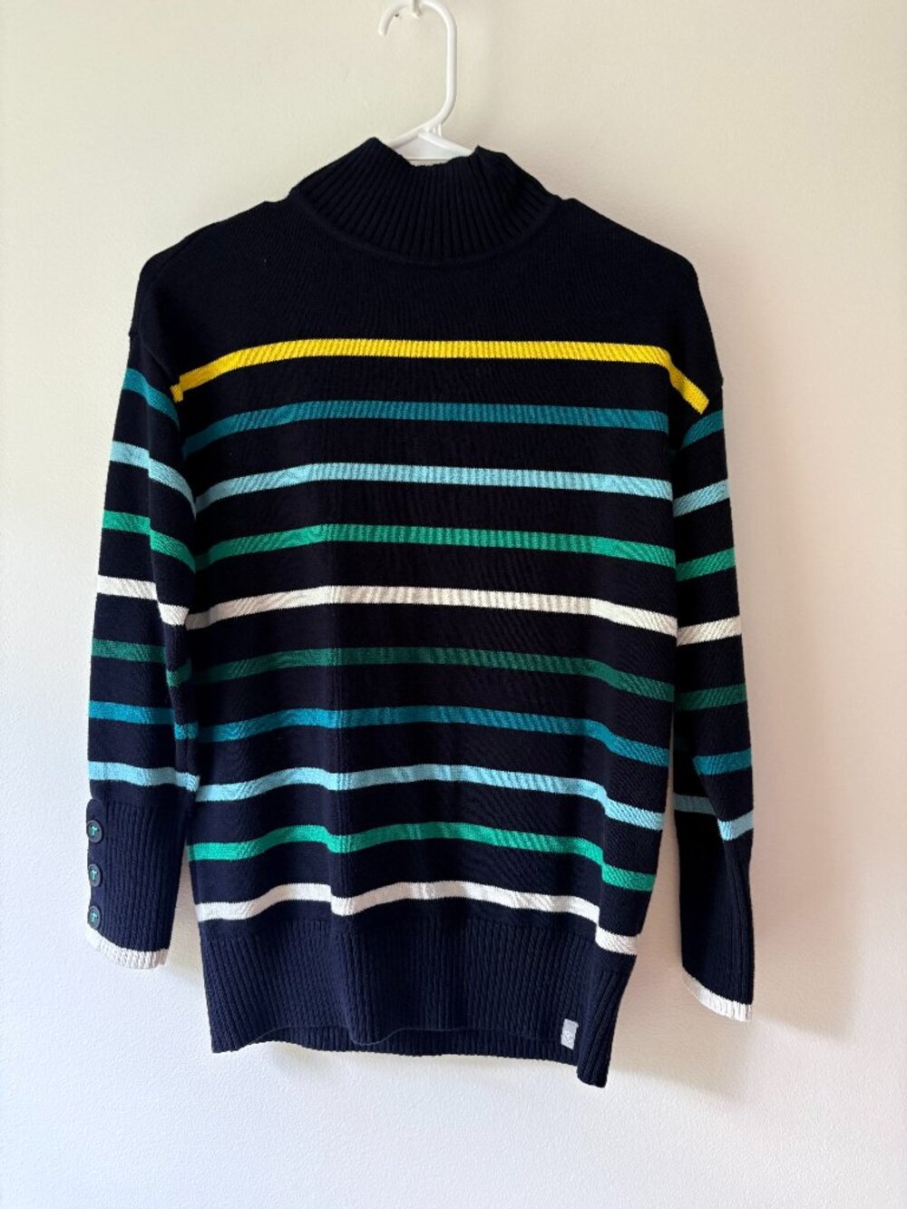 T by Talbots Striped Mock Neck Knit Sweater Blue Green Yellow XS